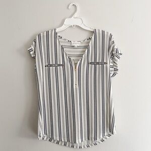 The Workshop Vertical Stripe Short-Sleeve Zip Blouse - White/Navy.
